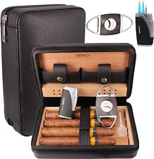 Handcrafted Classic Black Leather 4 Cigar Travel Case Humidor with Cutter picture
