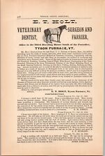 1883 E.T. Holt Veterinary Dentist Surgeon and Farrier  TYSON FURNACE VT Print Ad picture