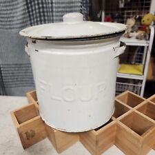 Antique White And Black Enamelware Flour Can Container picture