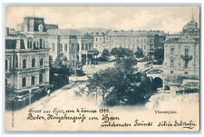 1901 Theater Square Greetings from Eger Hungary Posted Antique Postcard picture