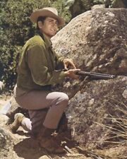 Michael Landon 1960's Bonanza kneeling by rock loading rifle 8x10 real photo picture