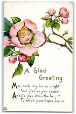 1916 A Glad Greeting Cute Little Girl Head In Flower Embossed Antique Postcard picture