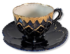 Vintage Mustache Cup & Saucer Cobalt Blue Gold Footed W/ Twig Handle Bone China picture