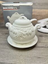 Vintage White Fruit Design Tureen 2.75 Qt With Lid Ladle And Plate picture