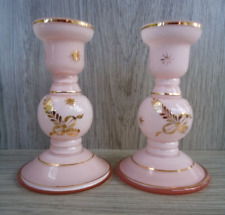 VTG Pair Pink Glass Bud Vases Czechoslovakia Opaque with Gold Accents 5.75 in picture