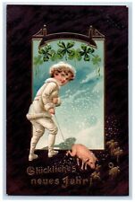 New Year Postcard Boy With Piglet Clover Winter Snow Embossed Germany c1910's picture