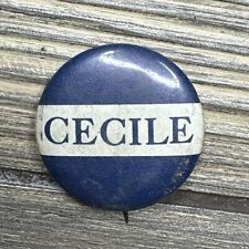 Vintage Round Button Pin Blue White ‘Cecile‘ 1” picture