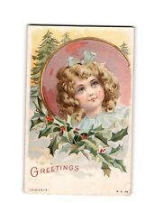 Vintage Postcard Greetings with Girl and Holly, Mailed 1908 picture