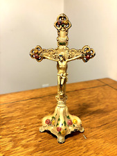 Vintage Rare Standing Metal Crucifix Painted With Flowers 10” Tall 5” Wide picture