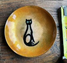 Vintage Bovano Black Cat Blue Eyes Orange Enamel Plate Dish Handmade 4 Inches picture