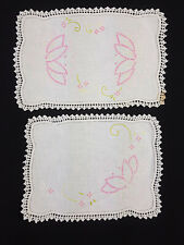 Lot of 2 Vintage Embroidered Cloth Dresser Doily Crochet Lace Pink Flowers picture