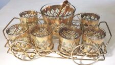 Culver Valencia MCM Low Ball Glass Barware Set 22kt Gold ,Green Diamonds & Caddy picture