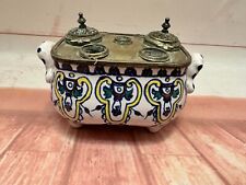Antique Aladin France Double Inkwell French Porcelain Hinged Cover Blue Yellow picture