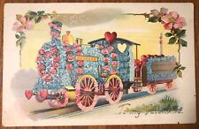 Embossed Postcard “To My Valentine” Flowers, Hearts Covering Train Locomotive picture