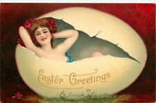c1911 Easter Postcard; Sexy Lady Laying About in Huge Eggshell, Unposted Germany picture