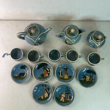 Blue MEXICAN VINTAGE POTTERY CUP SAUCER 1940s Set 5x Cups, 2x Tea Pots, 1x picture