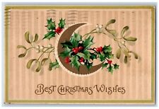 Christmas Postcard Crescent Moon Holly Berries Mistletoe Embossed Omaha NE picture