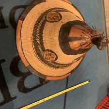 ANTIQUE WEST AFRICAN TUAREG HAND-WOVEN FULANI SUN HAT LEATHER & STRAW & WOOD HAT picture