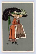 Fox Furs Woman w Giant Hat ~ Alice Wanke PARIS Artist-Signed French PC 1909 picture