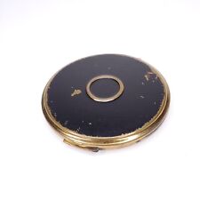 Vintage Enameled Black & Gold Tone Round Compact W Mirror 