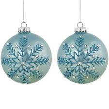 Set of 2 Light Blue Glittered and Jeweled Snowflake Glass Christmas Ball picture