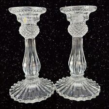 1980s Clear Crystal Diamond Point Candle Stick Holder Set 2 Candle Holder VTG picture