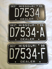 3 Missouri Dealer License Plates D7534 D7534-A D7534-F Black w White letter READ picture