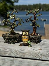 Bejeweled Trees And Owl Hinged Metal Enameled Rhinestone Trinket Jewel Boxes picture