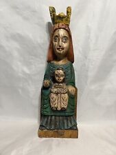 Rare Vintage Polychrome Sitting Virgin Mary Madonna Child Carved Wood Statue picture
