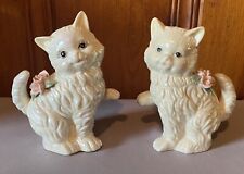 VTG Set Of 2 White Opalescent Ceramic Sitting Cat Kitten Figurines Pink Roses picture