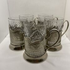 5 VTG Russian Tea Crystal Cup Holders & Glass Podstakannik Field Trees, Stamped picture