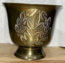 Vintage Brass Plantar Urn Bowl Goblet Made In India Engraved Leaf Design picture