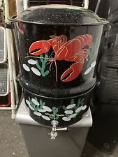Vintage Speckled Enamel Black Double Steam Pot Lobster Crab Clams Broth Spigot  picture