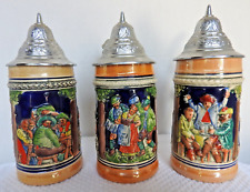 (3) Vintage DBGM Lidded German Beer Steins Castles Cottages Men Drinking MINTY picture