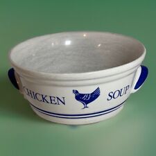 Vintage F.T.D.A  Korea Ceramic Chicken Soup Bowl - Blue White Handled Dish picture
