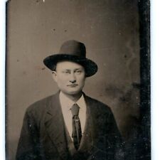 c1860s Cool Young Man in Hat in Suit Tintype Photo Tin Gangster 2.5 x 3.25