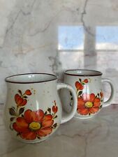 1970s Japan Stoneware 2pc Mug Set Valencia Poppy Coffee Cups Orange Poppies picture