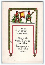 1914 New Year Man Trumpet Whreat Pine Trees Rochester NY Posted Antique Postcard picture
