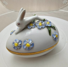 Herend Bunny Rabbit Easter Egg Shaped Trinket Jewelry Box w 3D Blue Flower- READ picture