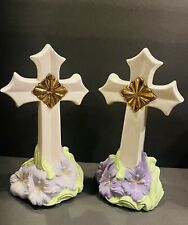 Christian/ Catholic Cross Ceramic Figurine On Flowers  Vintage Set of 2 picture