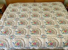 Vintage King Quilt Handmade Cross Stitch 42 Squares Colorful Fan Pattern 96”x84” picture