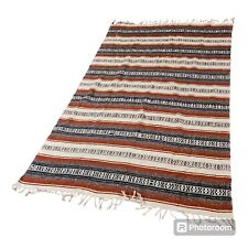 Vintage Mexican Southwestern Red Blue White Striped Blanket Rug 50