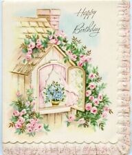 Vtg Many Happy Returns Birthday Card Pink Roses Cottage Garden Unused 1950s picture