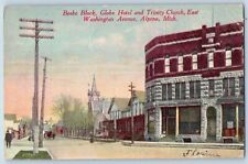 Alpena Michigan Postcard Beebe Block Globe Hotel And Trinity Church Scene 1912 picture