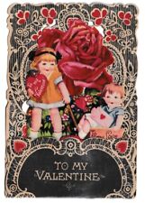 Vintage Victorian Fold Out Valentine Girl And Little Boy In Wagon Rose - Germany picture