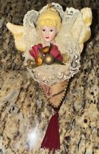 Vintage Victorian Style Angel Ornament Porcelain Head Fabric Wings With Tassel picture