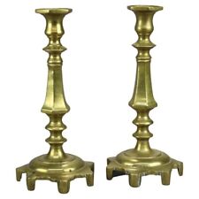 Antique Pair of Early American Brass Balustrade Footed Candlesticks 19th C picture