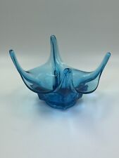 Vintage Blue Art Glass 4 Finger Bowl LE Smith Viking Stretched Flat Bottom 6.5” picture