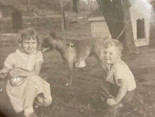 Black & White Old Antique Snapshot Photo Two Kids Outside w/ Dog at Doghouse picture