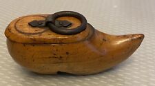 Antique Wood Shoe Snuff Box 19C Hand Carved Wooden Clog Sabot Iron Ring 3,5